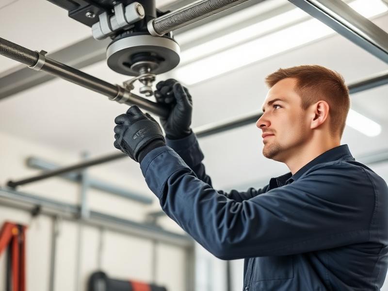 Professional garage door technician performing repairs